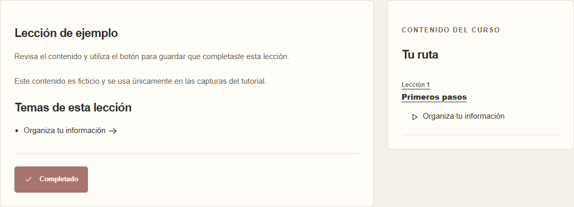 Lección marcada como completada en la cuenta de demostración.